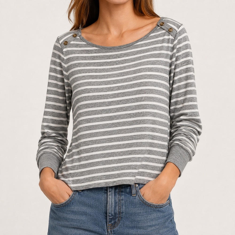 Lilly‎ Pulitzer Grey White Striped Boat Neck Button Shoulder Palm Tree Logo Top
